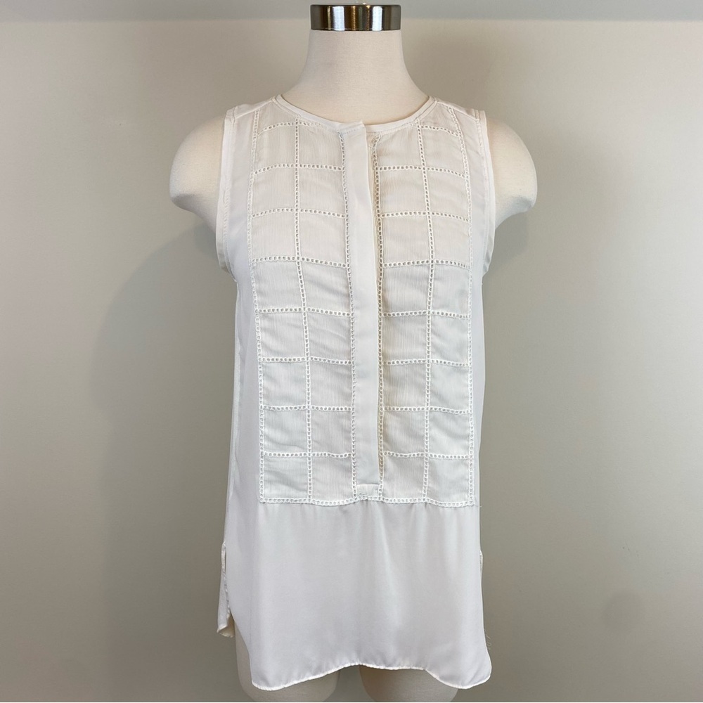 Loft Ivory Sleeveless Blouse Top Mixed Media Embroidered Front Bib Sz S HiLo Hem